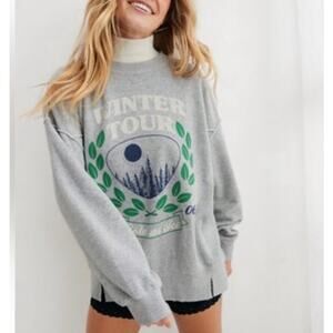 Aerie Winter Tour Sweatshirt Size S Gray Oversized Cozy Graphic Crewneck Top